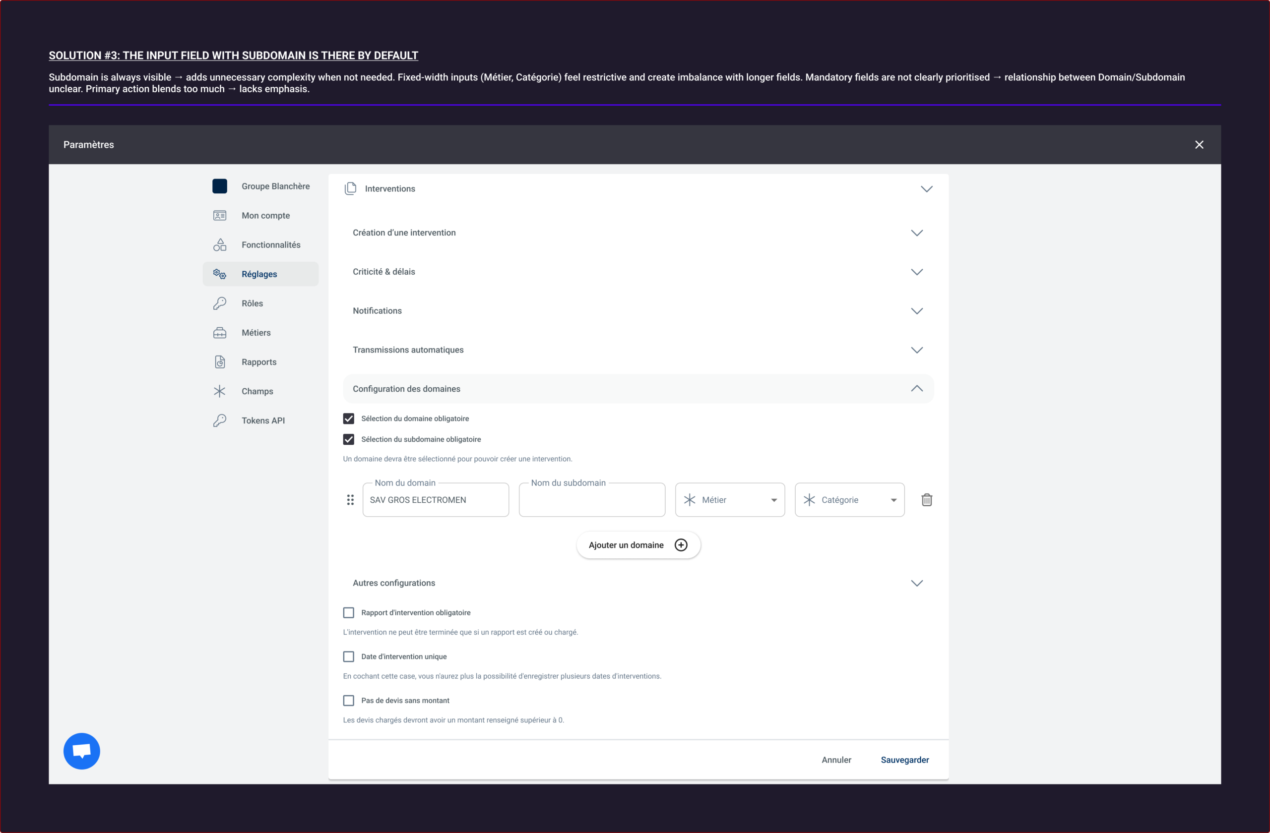 Exploring different approaches to structuring domain and subdomain inputs, focusing on flexibility, hierarchy, and layout stability