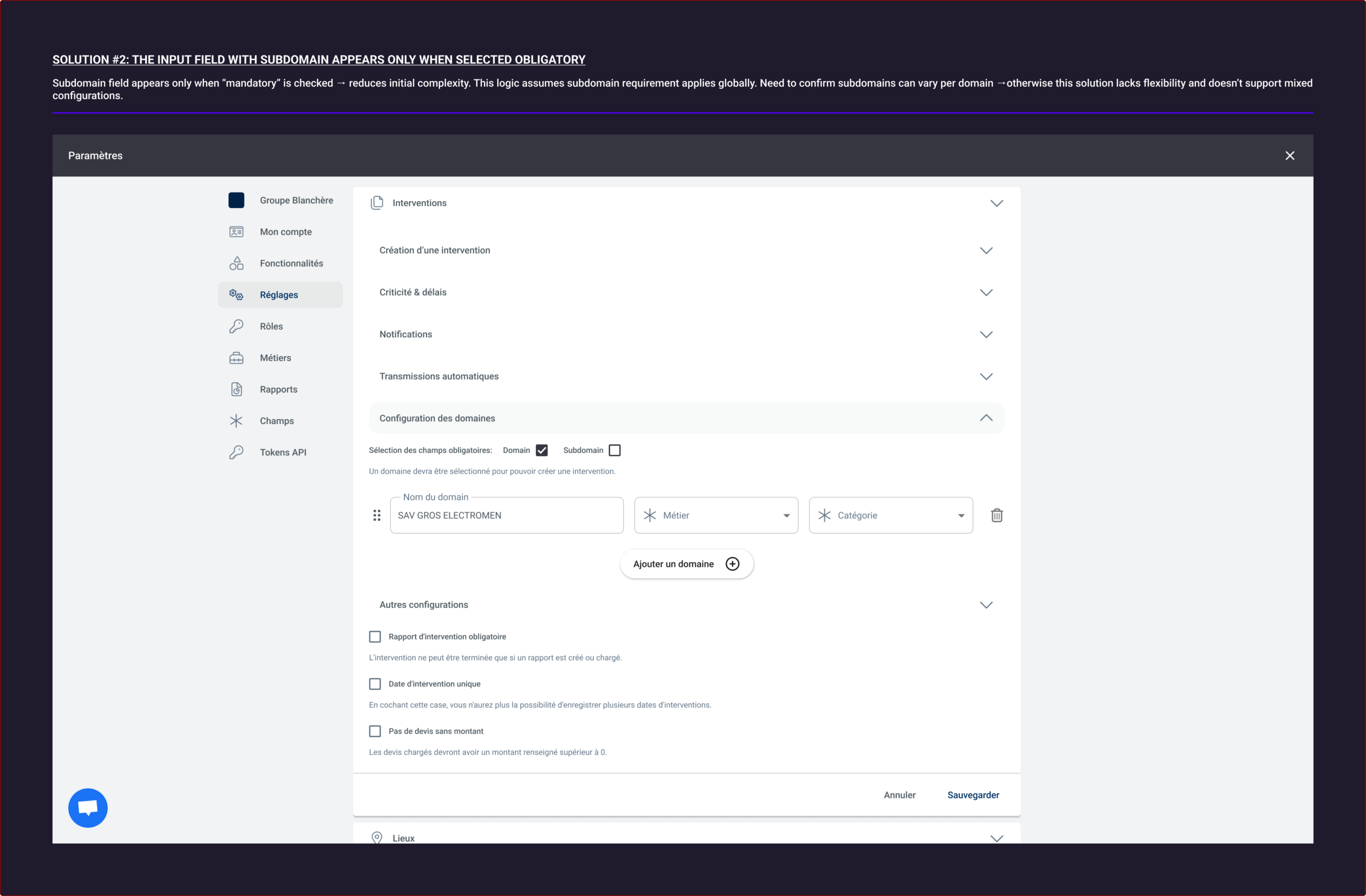 Exploring different approaches to structuring domain and subdomain inputs, focusing on flexibility, hierarchy, and layout stability