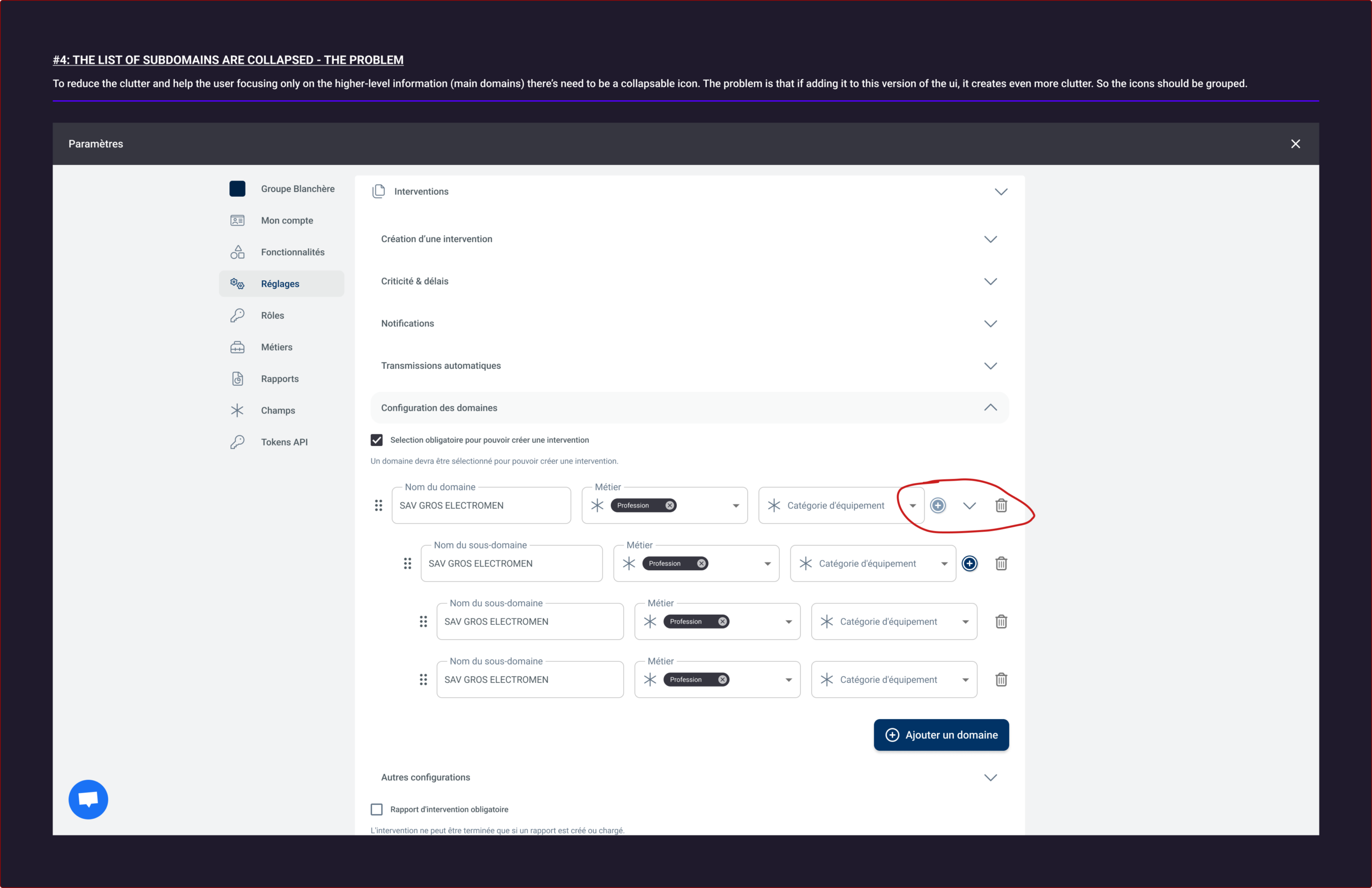 Exploring different approaches to structuring domain and subdomain inputs, focusing on flexibility, hierarchy, and layout stability