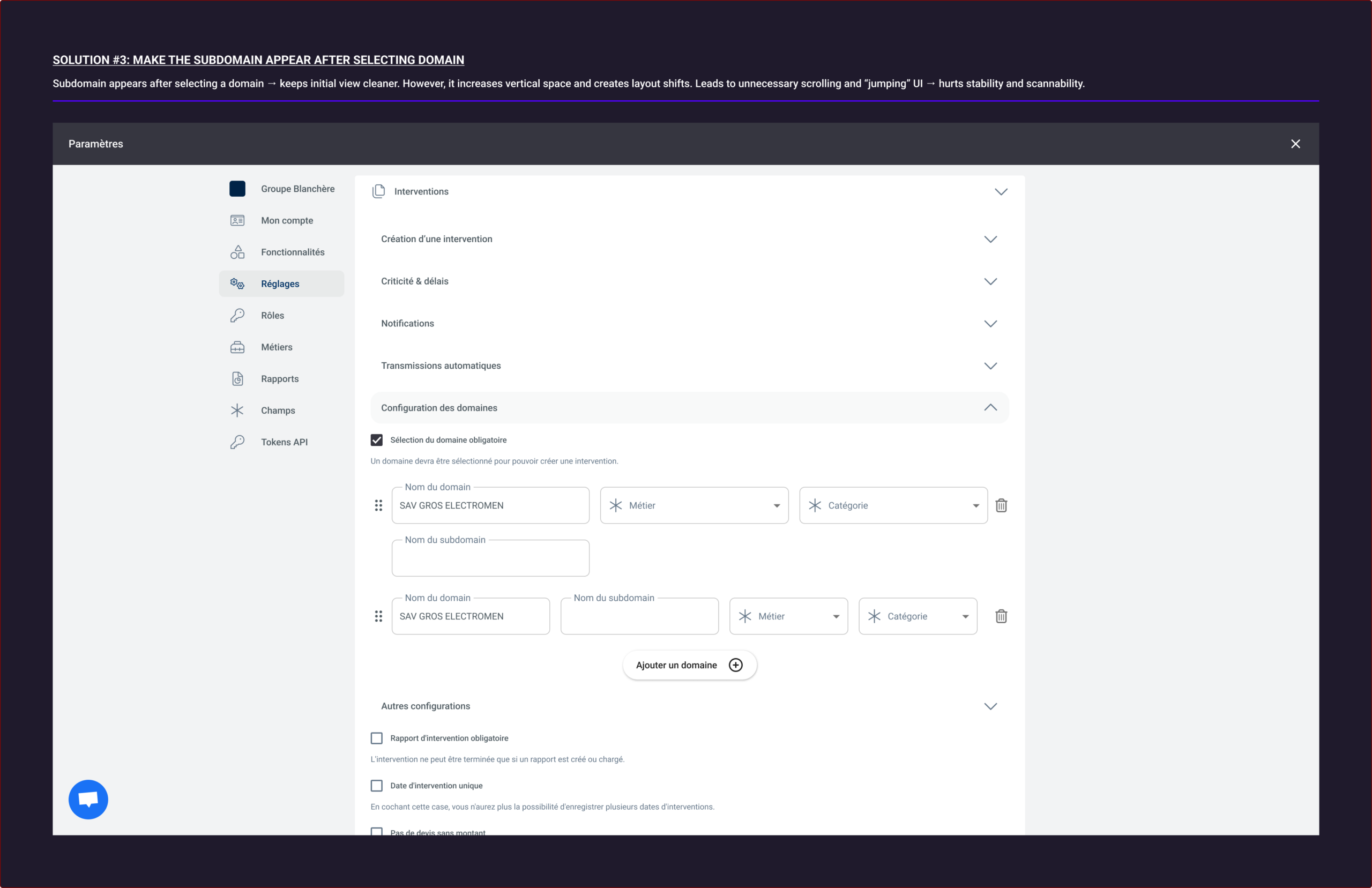 Exploring different approaches to structuring domain and subdomain inputs, focusing on flexibility, hierarchy, and layout stability